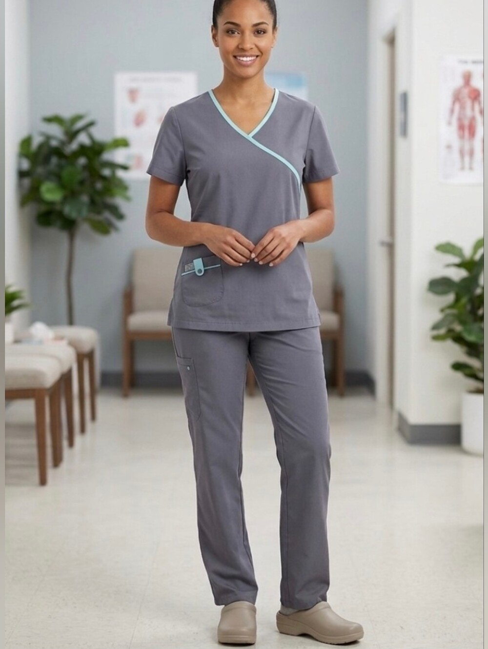 Izzy Scrubs Gray Top Size Xs Xsmall Short Sleeve Shirt Blue Trim With Pockets